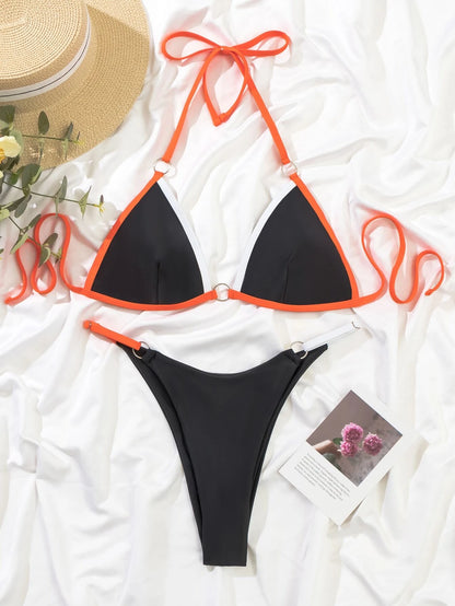 Contrast Binding Triangle Bikini Set for Summer Beach Wear