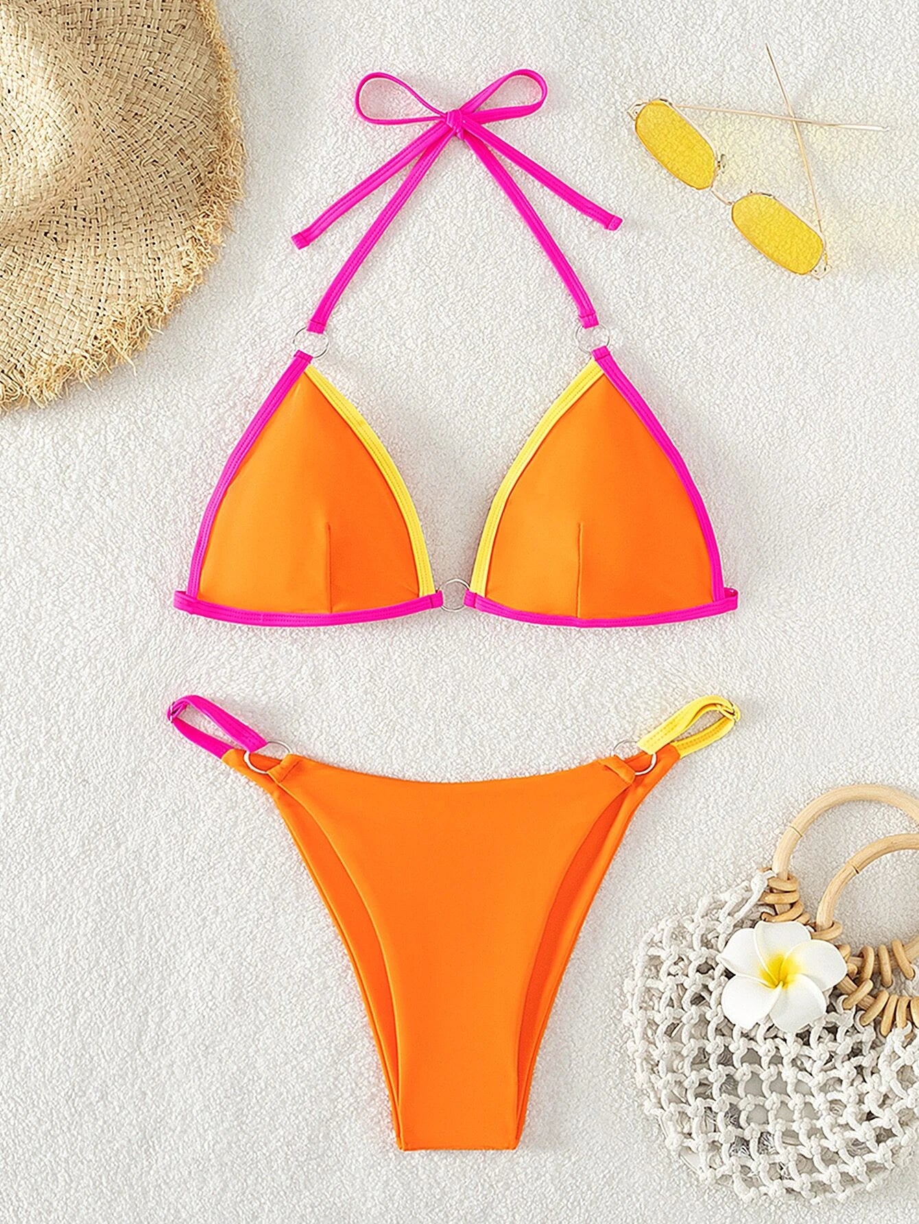 Contrast Binding Triangle Bikini Set for Summer Beach Wear