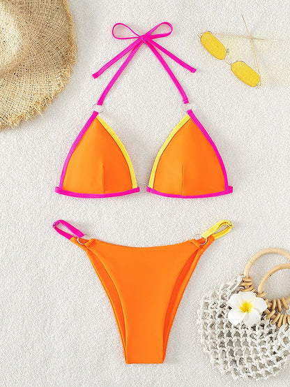 Contrast Binding Triangle Bikini Set for Summer Beach Wear