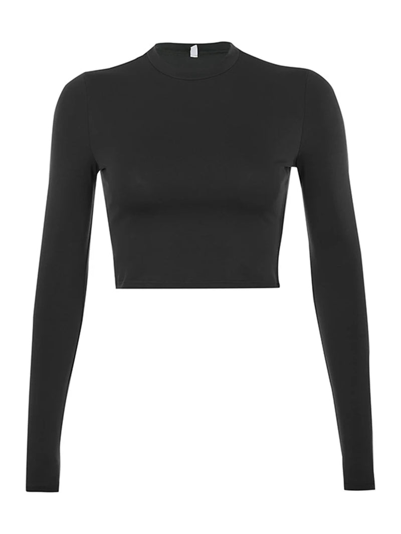 Women's Solid Long Sleeve Casual Crop Top T-Shirt in Black and White - Korean Fashion Tee