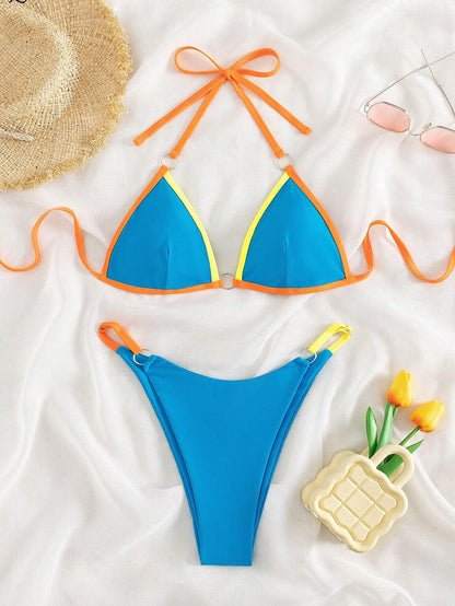 Contrast Binding Triangle Bikini Set for Summer Beach Wear