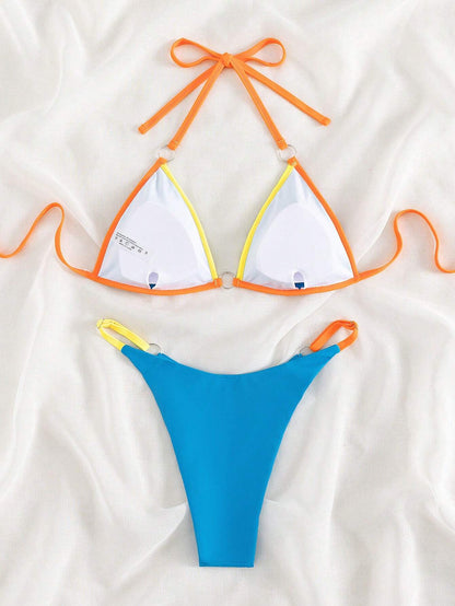 Contrast Binding Triangle Bikini Set for Summer Beach Wear