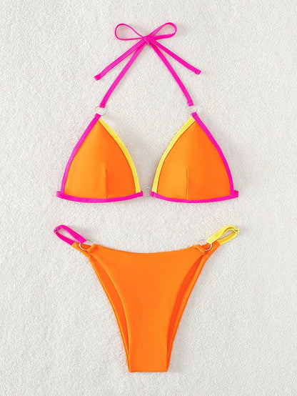 Contrast Binding Triangle Bikini Set for Summer Beach Wear