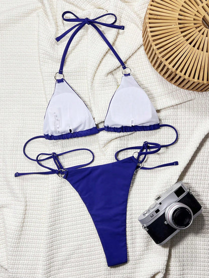 Swim Vacation Summer Beach Triangle Bra and Thong Bikini Set