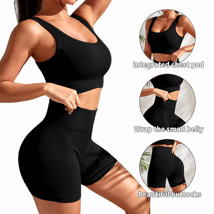 Seamless Ribbed 2-Piece Yoga Set for Women - Crop Tank and High Waist Shorts Fitness Outfit